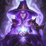 создай картинку мага тайной магии WoW женщина, по больше фиолетовых цветов и побольше способн...webp